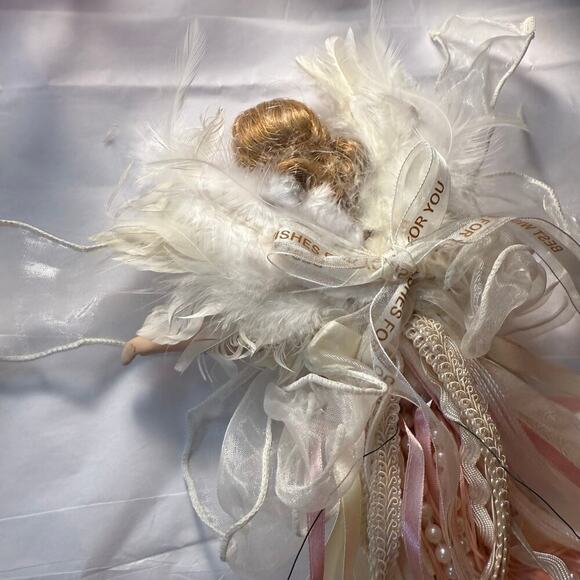 VTG Porcelain Angel Christmas Ornament Cream Pink Pearl Lace Feathers Ribbon 12” - Picture 14 of 16